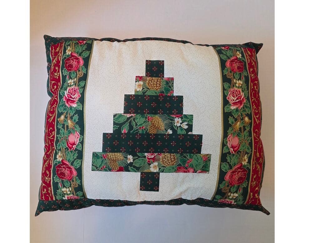 VTG Handmade Quilted Christmas Log Cabin Pillow Green Red Floral Cottagecore